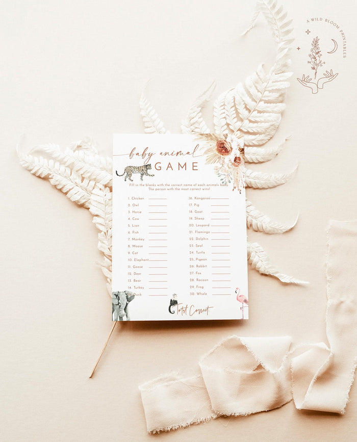 Baby Animal Game | Boho Baby Shower Game Template