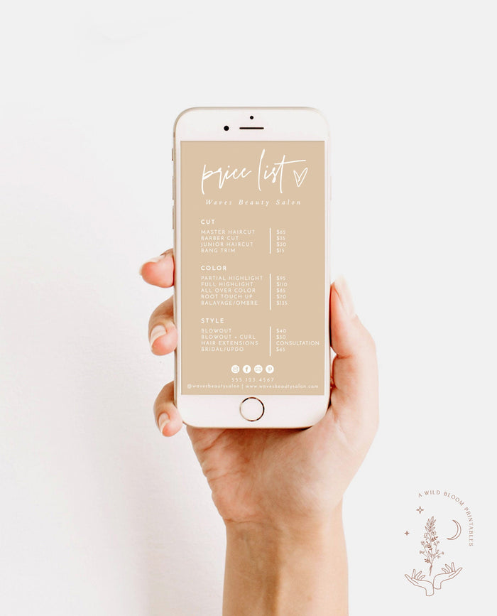 Boho Small Business Digital Price List Template | Modern Salon Price List