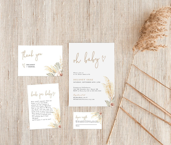 Pampas Grass Baby Shower Invitation | Baby Girl Shower Bundle 