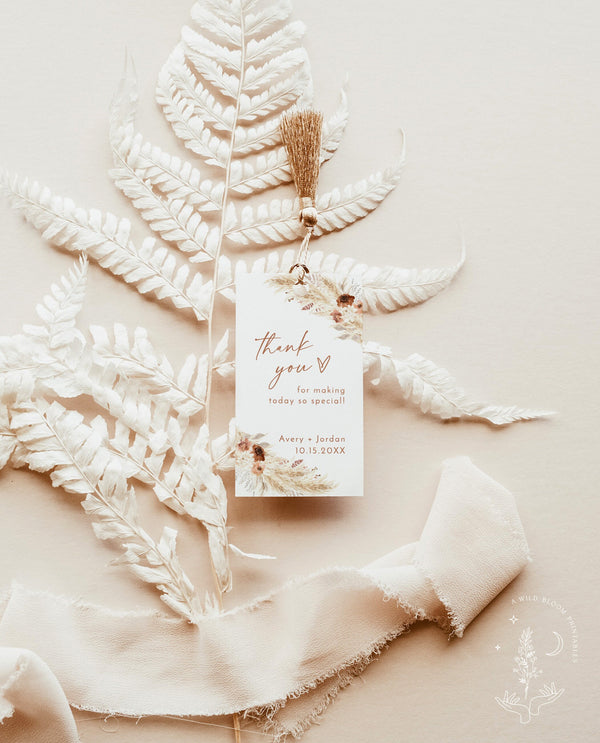 Boho Thank You Favor Tag | Boho Shower Tag | Terracotta Thank You Tag | Wedding Thank You Tag | Pampas Grass Tag | Editable Template | A4