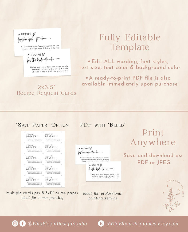 Minimalist Recipe Request Card Template | Bridal Shower Recipe Card Insert 
