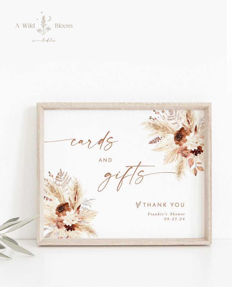 Cards and Gifts Sign | Minimalist Wedding Sign Template | Terracotta Wedding Gifts Sign | Pampas Grass | Baby Shower Sign | A4