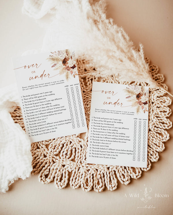 Over or Under Bridal Shower Game | Boho Fall Bridal Shower | Pampas Grass Bridal Shower | Over or Under Trivia Game | Editable Template | A4