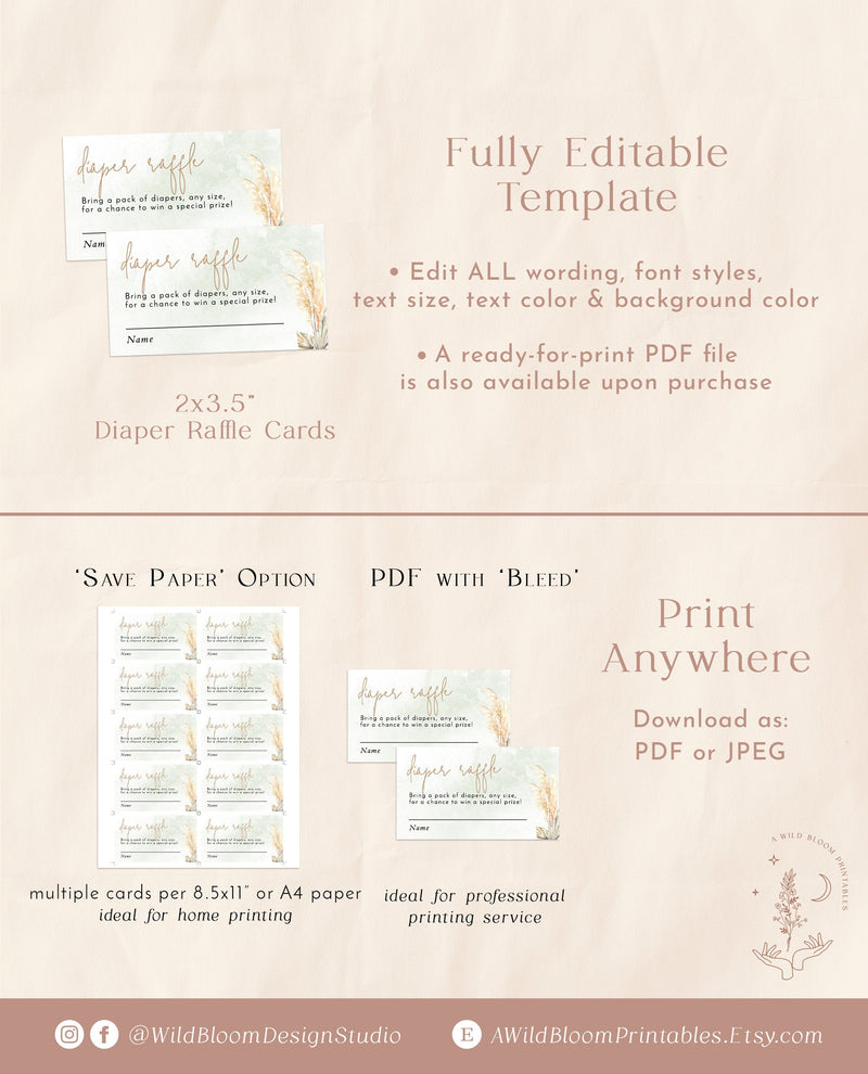 Pampas Grass Diaper Raffle Card | Diaper Raffle Ticket 