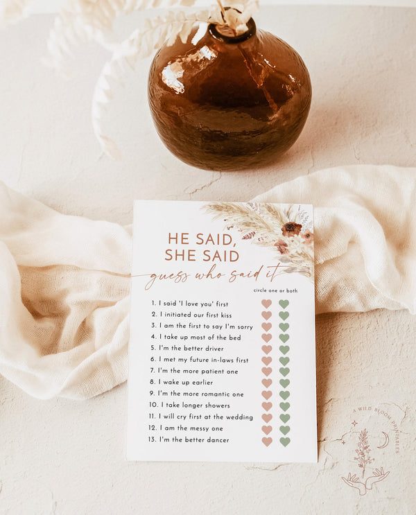 Pampas Grass He Said She Said Game | Boho Bridal Shower Game | Editable Guess Who Said It Bridal Game | Arched Bridal Shower Game | A4