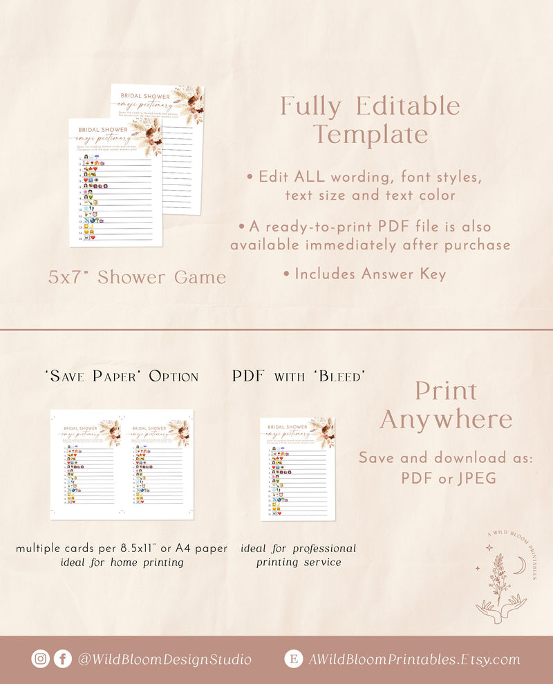 Emoji Picture Game | Bridal Shower Emoji Picture Game | Pampas Grass Bridal Shower Game | Boho Bridal Shower Game | Boho Bridal | A4