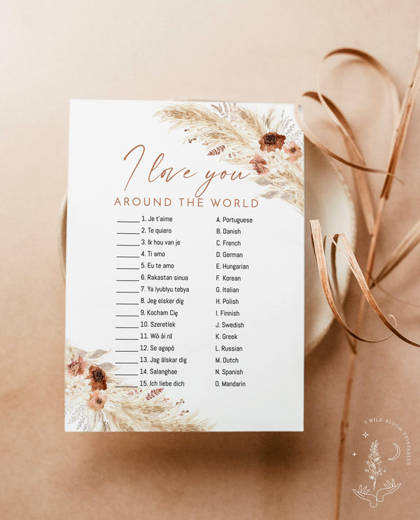 I Love You Around the World Game | I Love You Language Game | Pampas Grass Bridal Shower Game | Boho Bridal Shower Game | A4