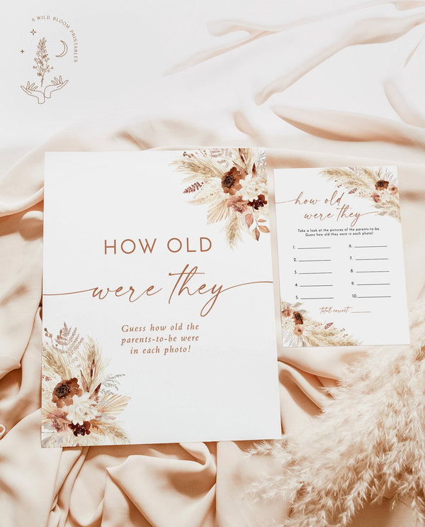 How Old Were The Parents-To-Be Game | Guess How Old Game | Boho Baby Shower Game | Pampas Grass Baby Shower | How Old Were They | A4