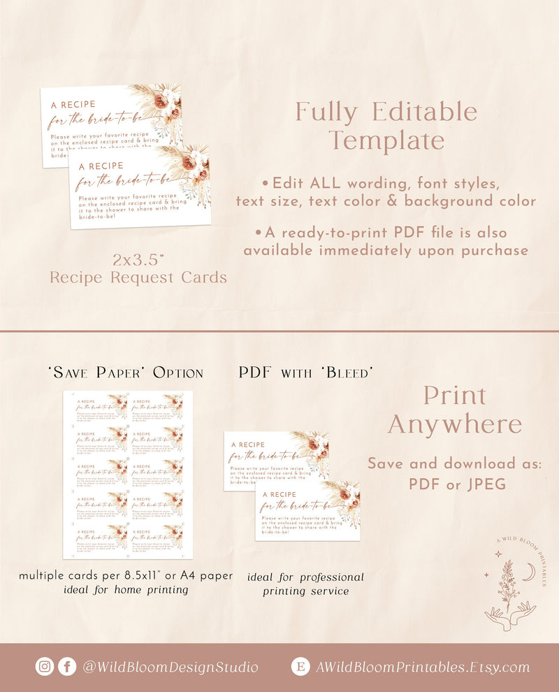 Pampas Grass Recipe Request Card | Bridal Shower Recipe Card Insert 