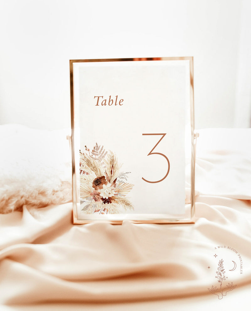 Boho Wedding Table Number | Pampas Grass Wedding Table Number | Desert Wedding Table Number Template | Burnt Orange Modern Wedding | A4