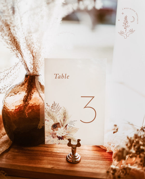 Boho Wedding Table Number | Pampas Grass Wedding Table Number | Desert Wedding Table Number Template | Burnt Orange Modern Wedding | A4