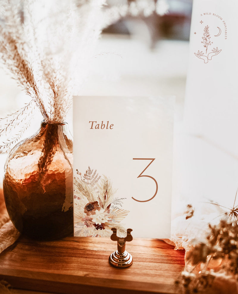 Boho Wedding Table Number | Pampas Grass Wedding Table Number | Desert Wedding Table Number Template | Burnt Orange Modern Wedding | A4