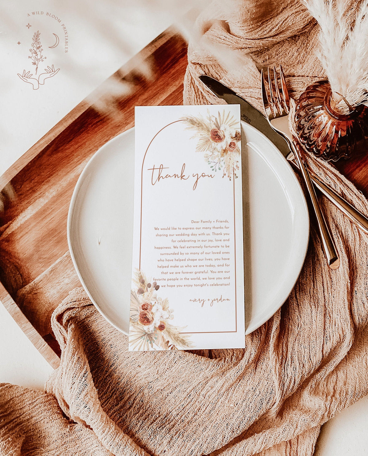 Boho Wedding Napkin Note | Pampas Grass Thank You Letter