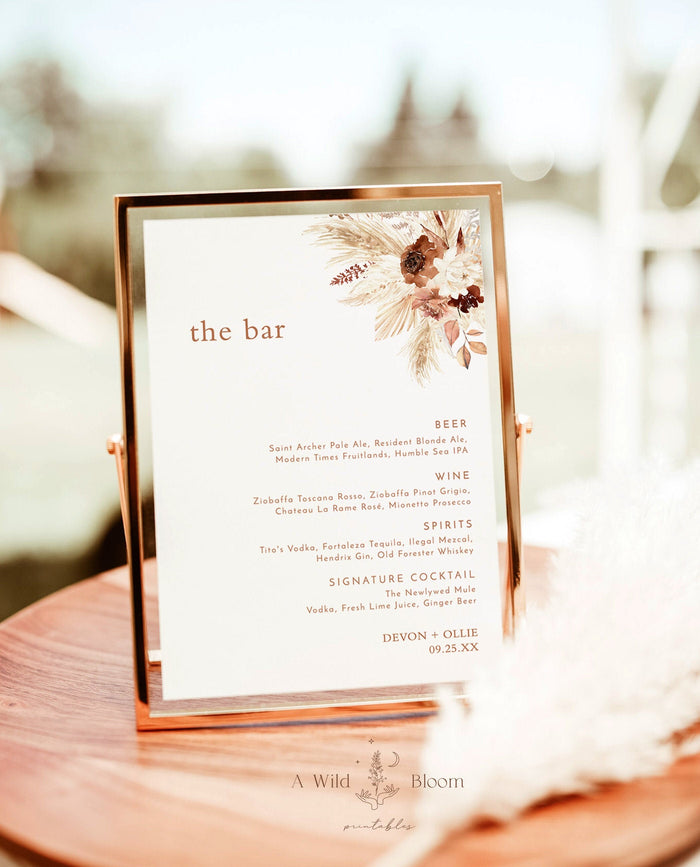 Bohemian Drink Menu Template | Pampas Grass Cocktail Menu