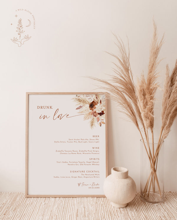 Bohemian Drink Menu Template | Pampas Grass Cocktail Menu | Desert Wedding Bar Menu Sign | Boho Wedding Bar Sign | Drunk in Love Menu | A4