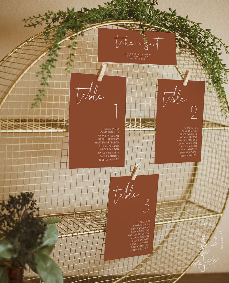 Terracotta Wedding Seating Chart Cards | Minimalist Wedding Table Seating Chart Cards  