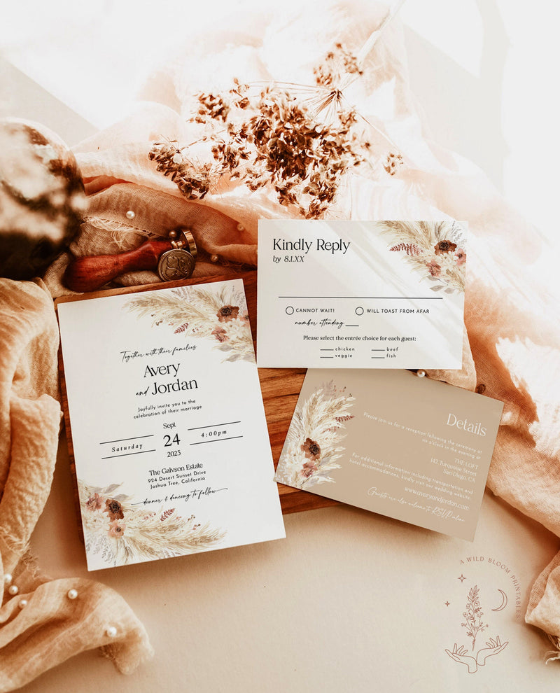 Boho Wedding Invitation Template | Terracotta Wedding Invite | Pampas Grass | Wedding | Desert Wedding Invite | Rust Wedding Invite A4