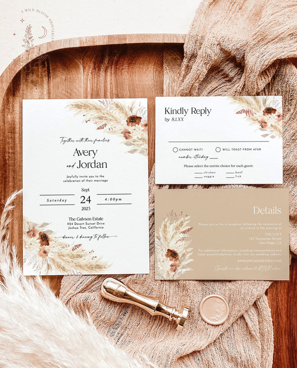 Boho Wedding Invitation Template | Terracotta Wedding Invite | Pampas Grass | Wedding | Desert Wedding Invite | Rust Wedding Invite A4