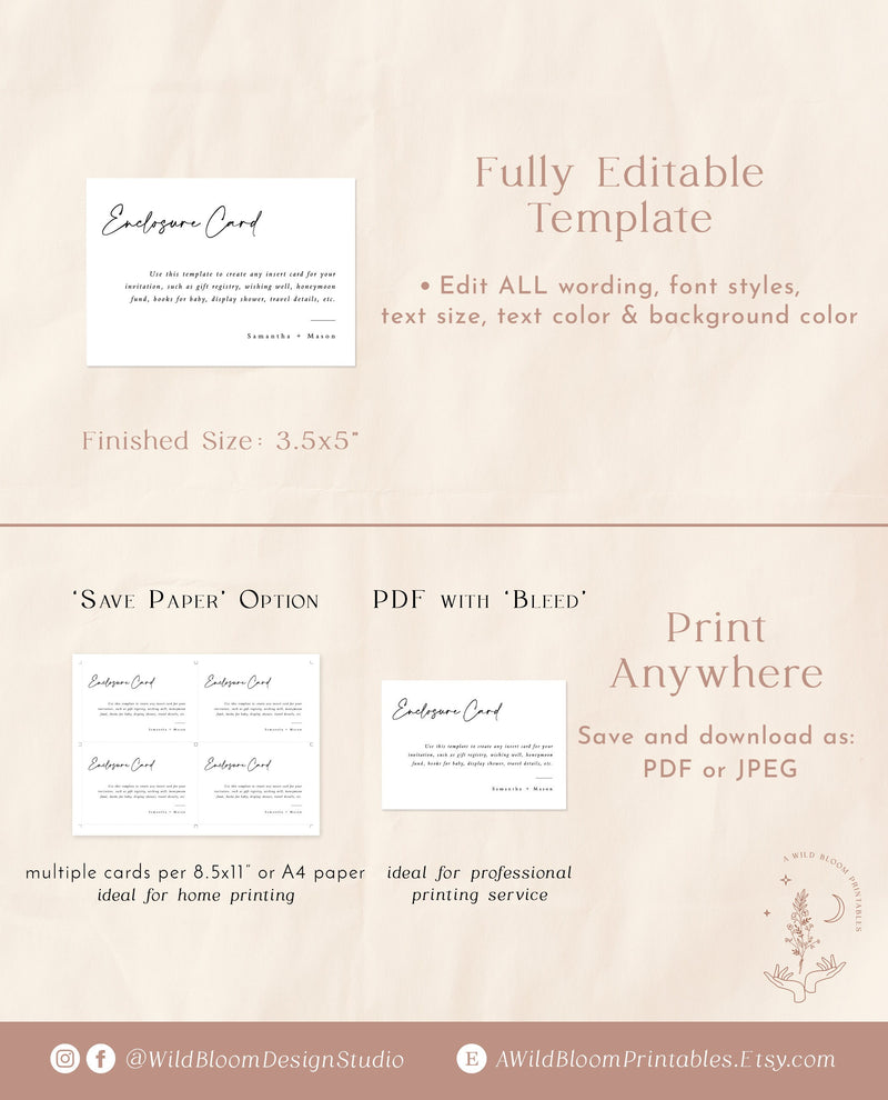 Minimalist Enclosure Card | Editable Wedding Invitation Insert 