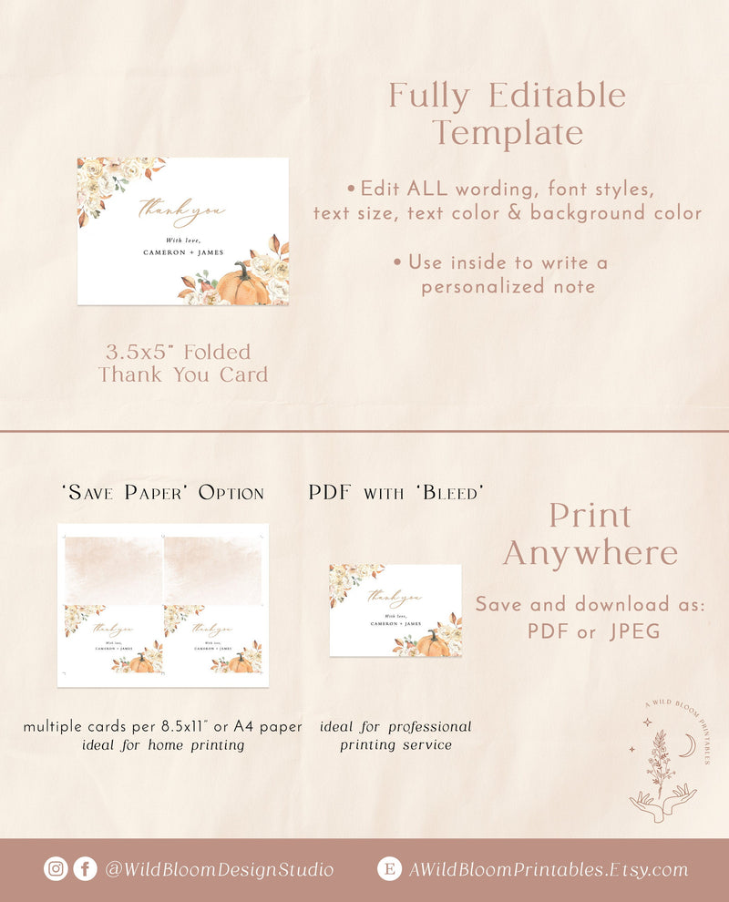 Fall Thank You Cards Template | Editable Thank You Card 