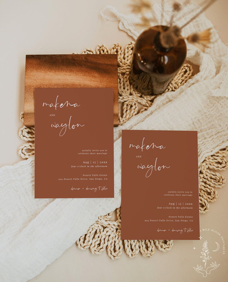 Burnt Orange Wedding Invitation Template | Minimalist Desert Wedding Invite 