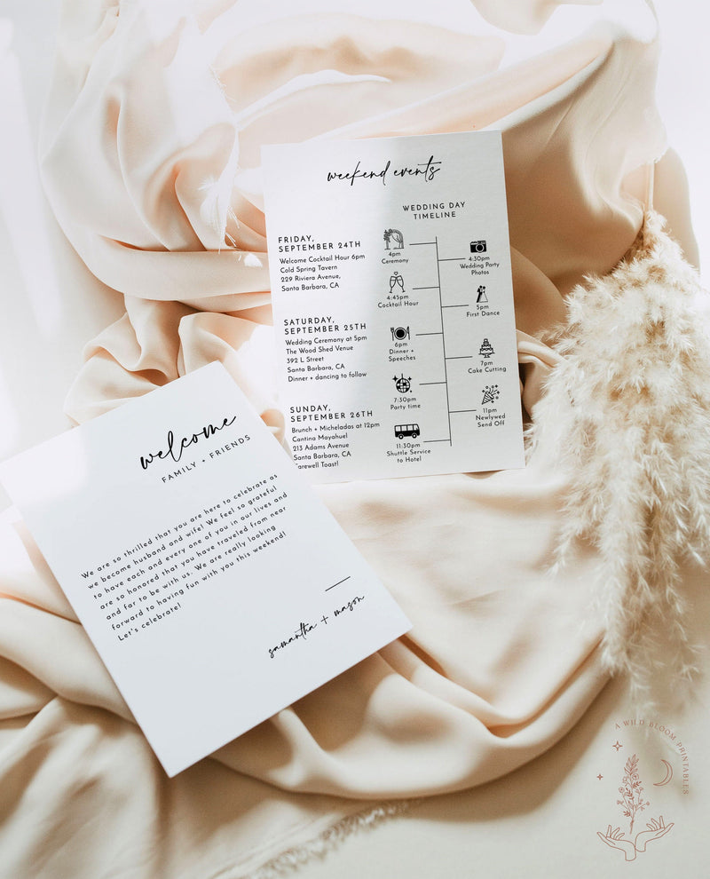 Minimalist Wedding Timeline Template | Modern Order of Events Timeline | Welcome Bag Card | Minimalist Wedding Weekend Itinerary