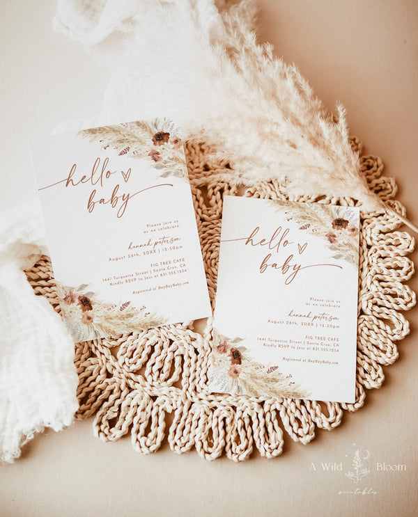 Boho Baby Shower Invite | Pampas Grass Girl Baby Shower | Hello Baby | Modern Baby Shower Invite Template | Minimalist Baby Shower | A4