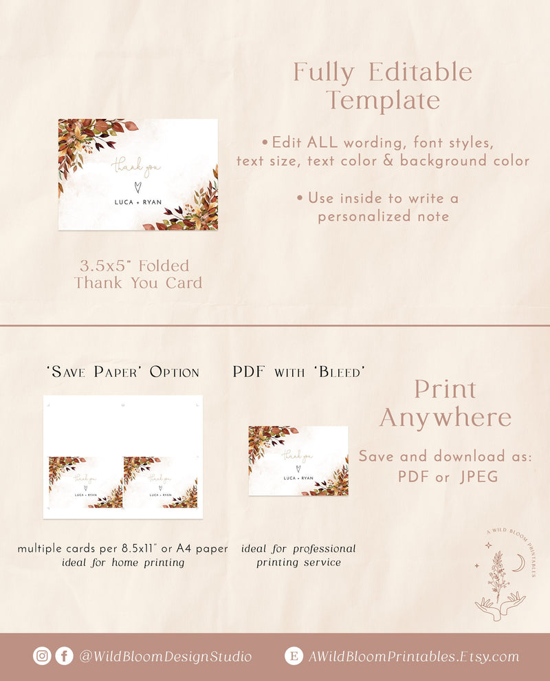 Fall Thank You Cards Template | Editable Thank You Card 