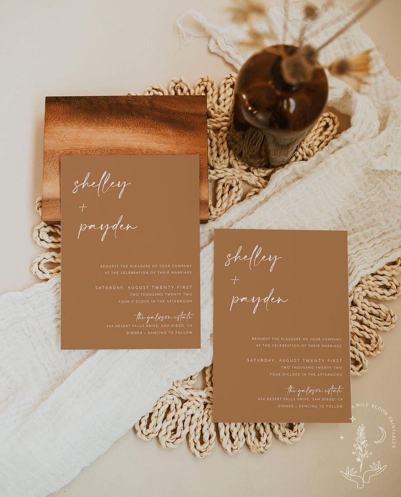 Desert Sand Wedding Invitation Template | Minimal Burnt Orange Wedding Invite 