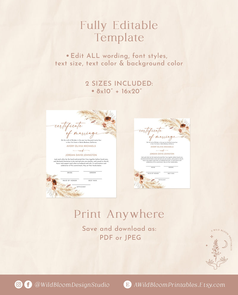 Certificate of Marriage Template | Fall Wedding Certificate 
