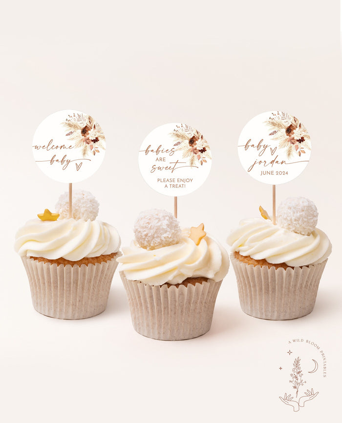 Boho Cupcake Toppers | Pampas Grass Baby Shower