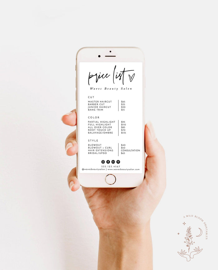 Boho Small Business Digital Price List Template | Beauty Price List