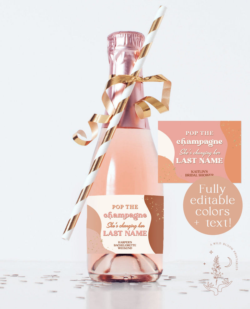 Mini Champagne Bottle Label Template | 70s Bridal Shower Champagne Label 