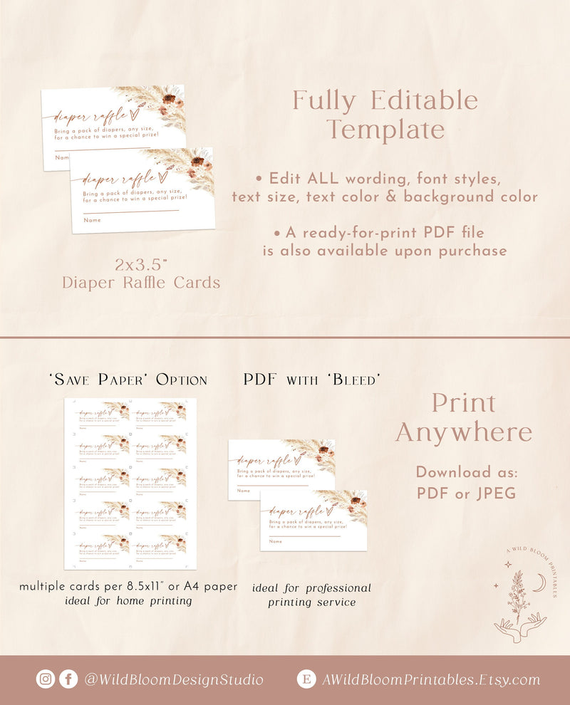 Pampas Grass Diaper Raffle Card | Minimalist Diaper Raffle Ticket 
