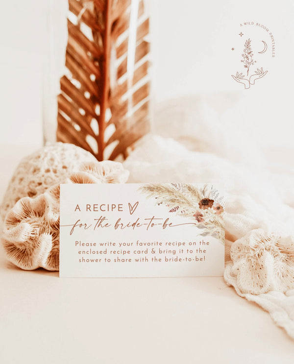 Pampas Grass Recipe Request Card | Bridal Shower Recipe Card | Boho Fall Bridal Shower | Desert Bridal Shower | Editable Template | A4