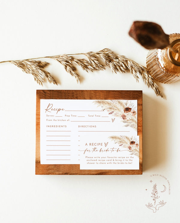 Bridal Shower Recipe Card Insert | Pampas Grass Recipe Card Template | Boho Bridal Shower | Bridal Shower Recipe Request | A4