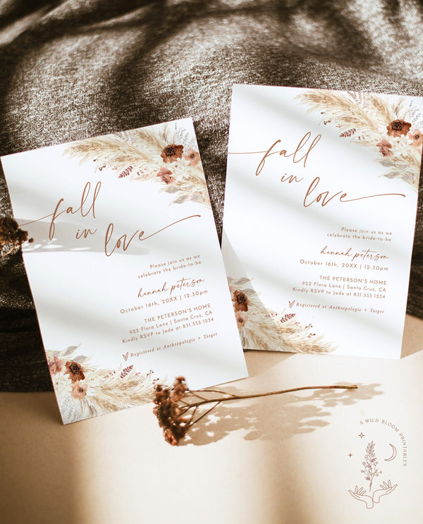 Boho Bridal Shower Invite | Fall in Love | Bohemian Bridal Shower Invite | Pampas Grass Bridal Shower | Bohemian Bridal Shower Template | A4
