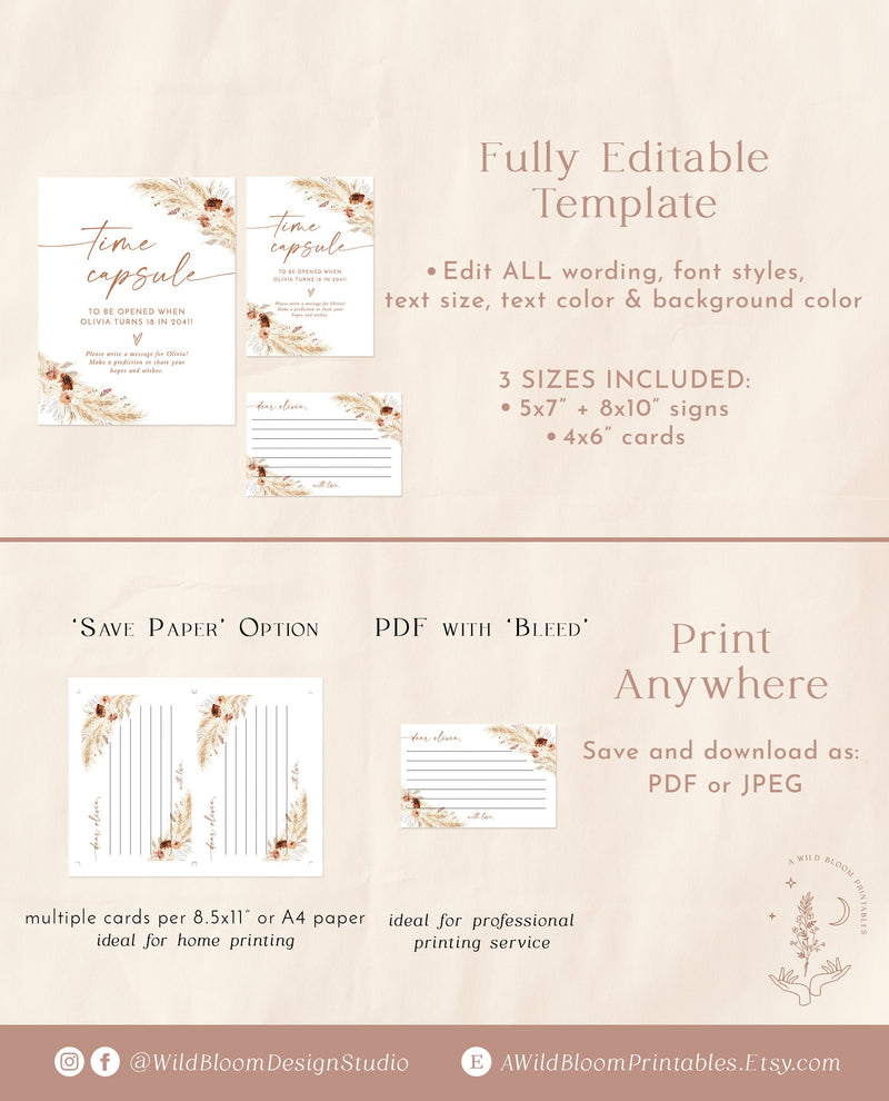 Boho Time Capsule | Pampas Grass Baby Shower | Girl Baby Shower | First Birthday Time Capsule | Bohemian Baby Shower | Editable Template A4