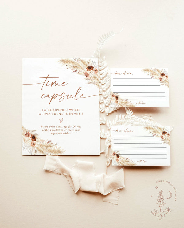 Boho Time Capsule | Pampas Grass Baby Shower | Girl Baby Shower | First Birthday Time Capsule | Bohemian Baby Shower | Editable Template A4