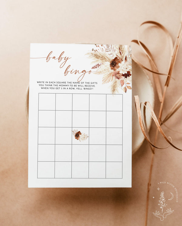 Pampas Grass Baby Bingo Game | Boho Baby Shower Game | Dried Flower Baby Shower | Bohemian Baby Shower | Printable Baby Shower Game | A4