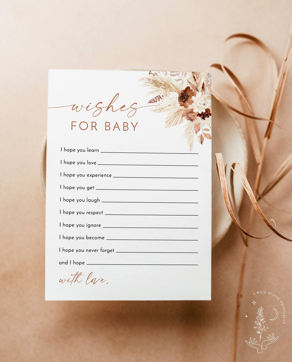 Boho Wishes for Baby Shower Card | Bohemian Baby Shower | Pampas Grass Shower | Baby Keepsake | Girl Baby Shower | Editable Template | A4