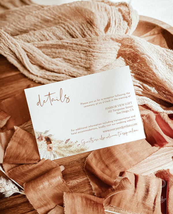 Boho Details Card | Minimalist Wedding Details Insert | Pampas Grass Wedding Details | Rust Wedding Details Card | Editable Template | A4