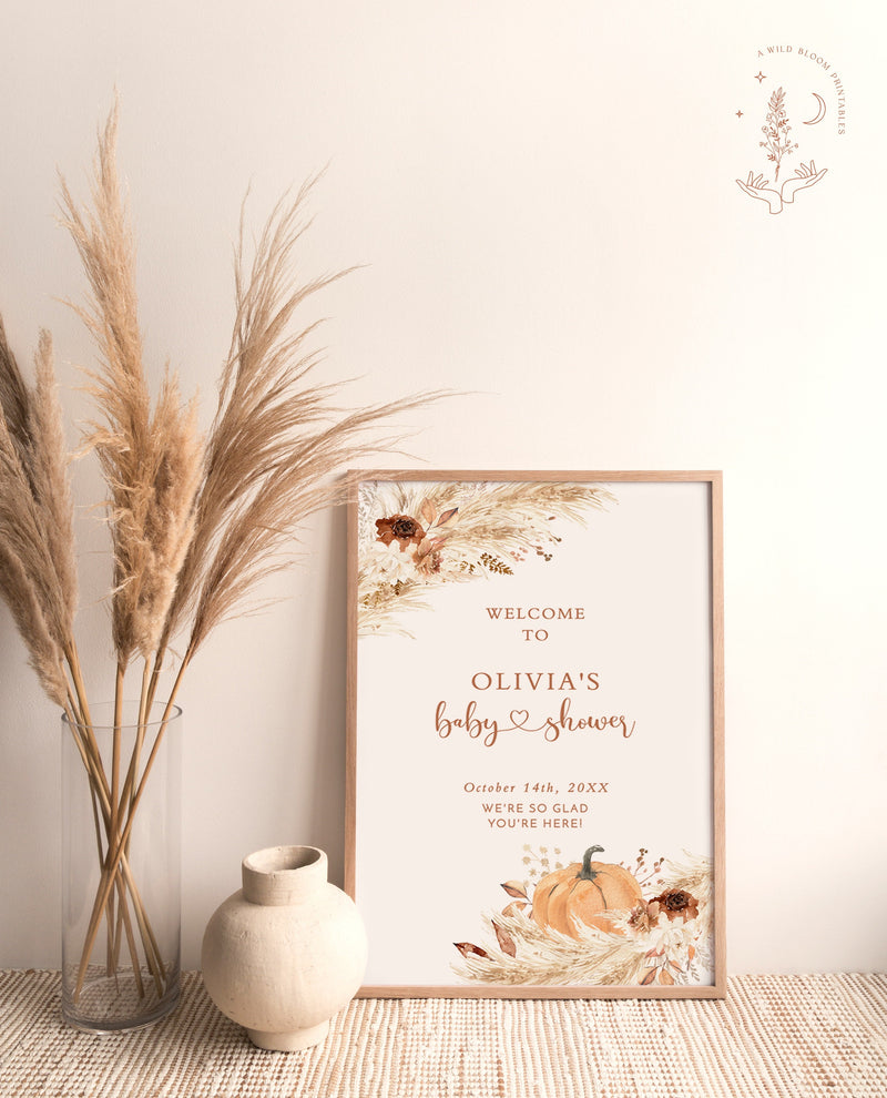 Boho Baby Shower Welcome Sign | Pampas Grass Baby Shower Welcome Poster | Little Pumpkin Baby Shower Welcome Sign | Boho Baby Shower | A4