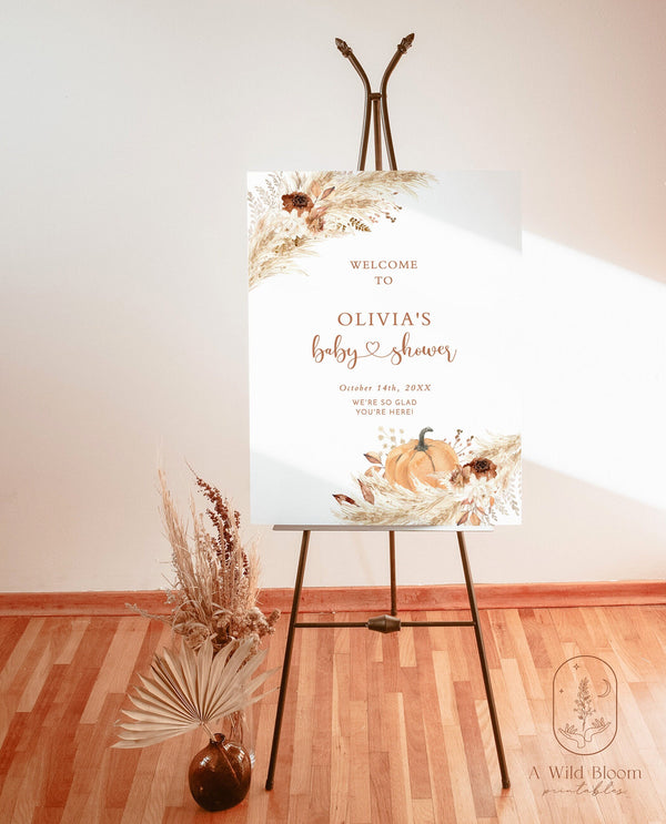 Boho Baby Shower Welcome Sign | Pampas Grass Baby Shower Welcome Poster | Little Pumpkin Baby Shower Welcome Sign | Boho Baby Shower | A4