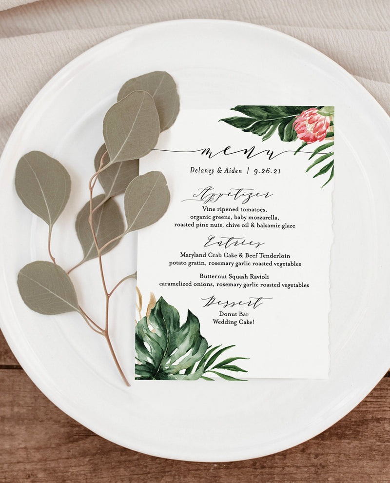 Tropical Wedding Menu Editable Template | Bohemian Wedding Menu Card 