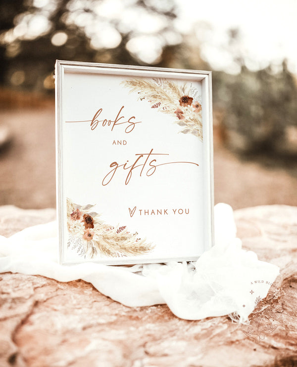 Books and Gifts Sign | Minimalist Baby Shower Sign Template | Terracotta Baby Books Sign | Pampas Grass | Boho Baby Shower Sign | A4