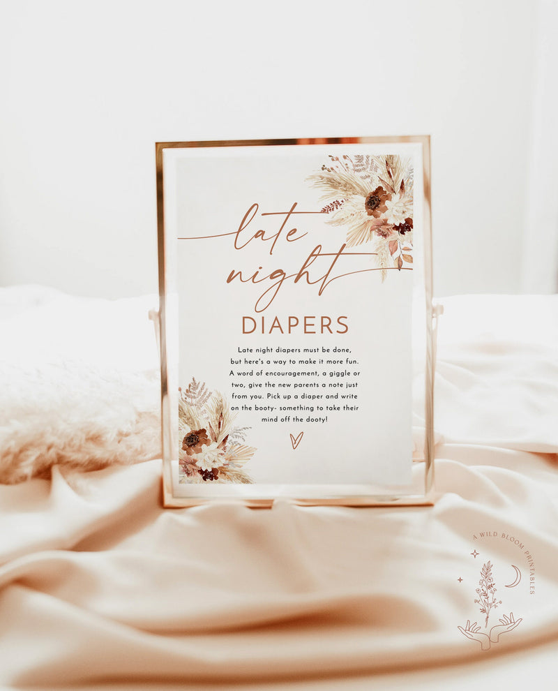 Late Night Diapers Template Sign | Boho Baby Shower Game 