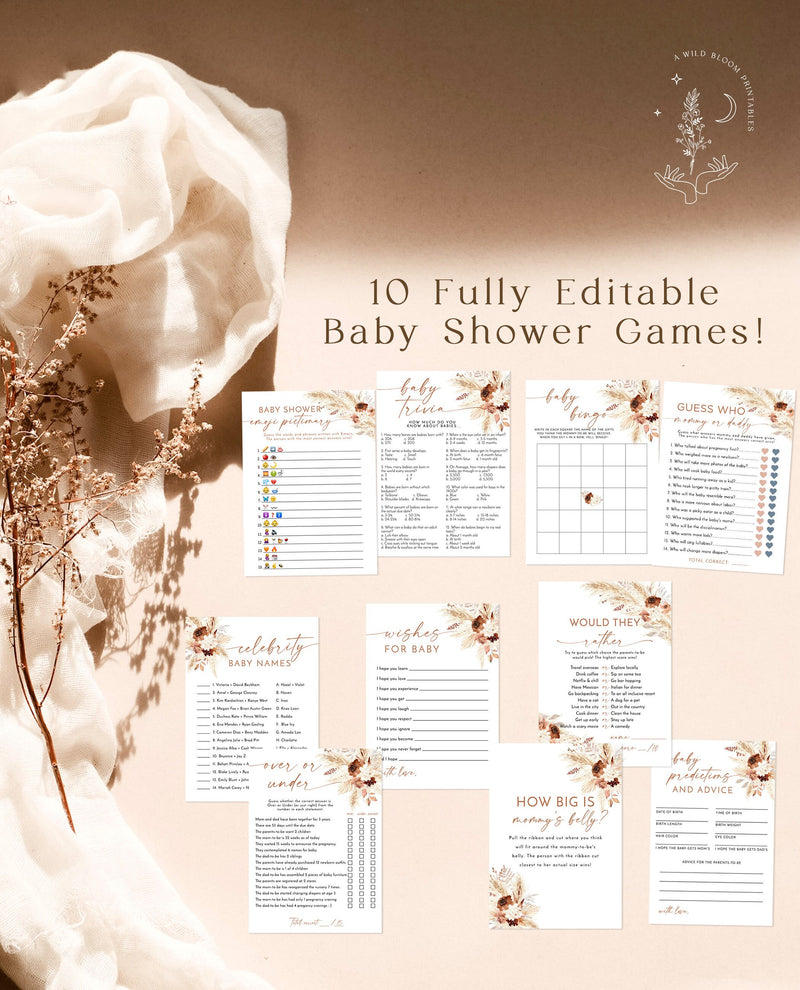 Bohemian Baby Shower Games | Boho Baby Shower Game Bundle | Pampas Grass Baby Shower Games | Bohemian Baby Shower Game | Fall Baby Shower A4