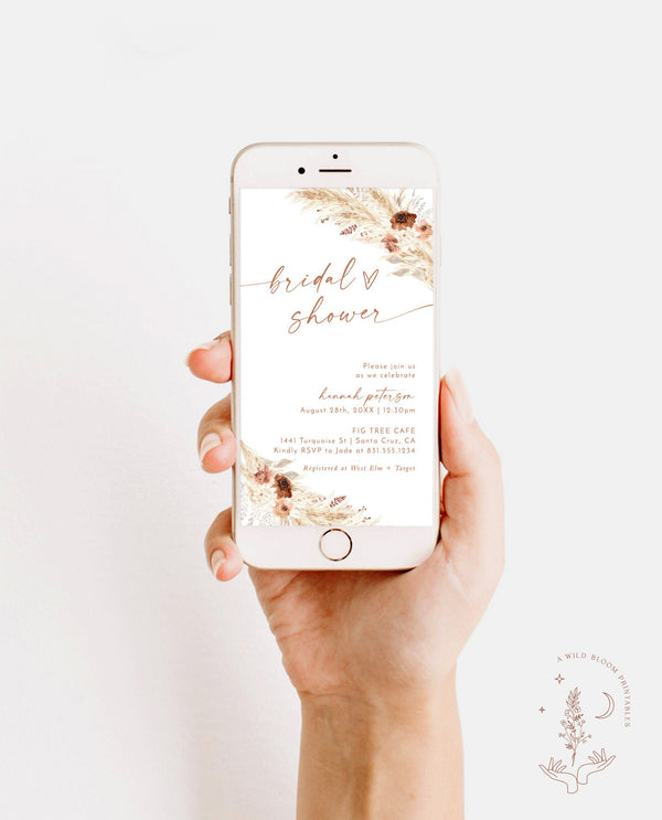 Digital Bridal Shower Evite | Bohemian Bridal Shower Invite | Pampas Grass Bridal Shower | Electronic Boho Bridal Shower Template | A4