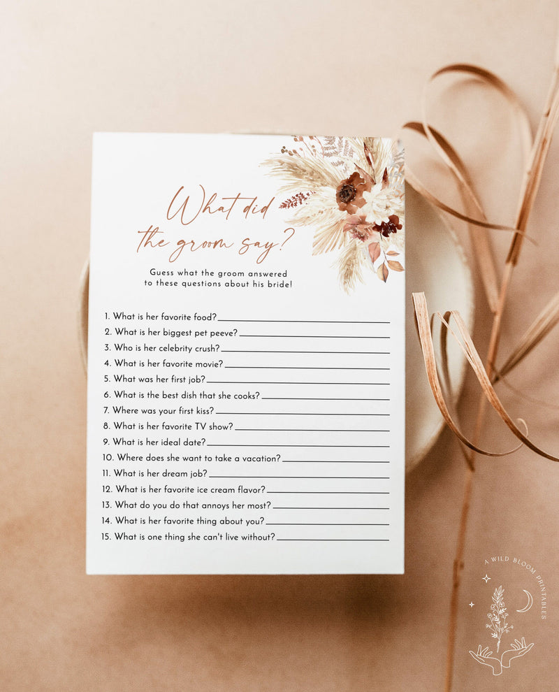 What Did the Groom Say Shower Game | Bridal Trivia Shower Game | Pampas Grass Bridal Shower Game | Boho Bridal Shower Game | A4